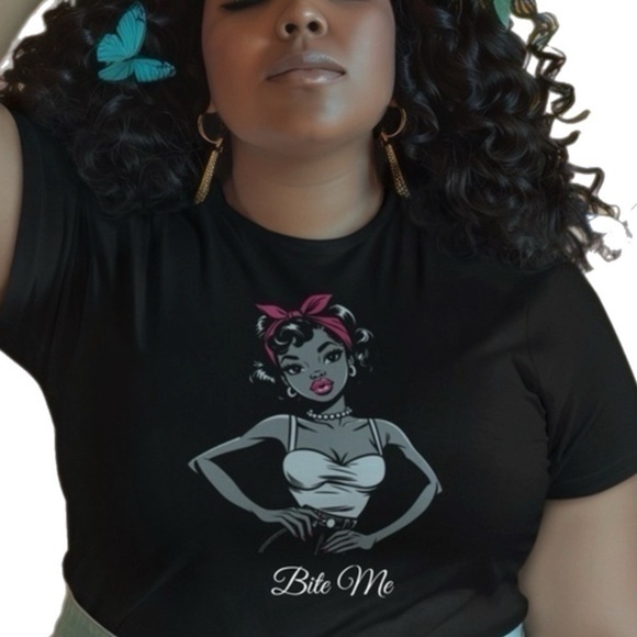 Jerzees Black Soft Short Sleeve T Graphic Print Sassy Pin Up Girl Bite Me - Picture 1 of 9